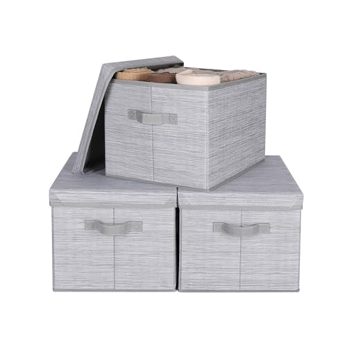WUIKE 3 Pack Extra Large Closet Storage Bins with Lids, Gray Storage Boxes with Handles, Fabric Storage Baskets with Cover for Bedroom - color: Slub Gray, size: Extra Large