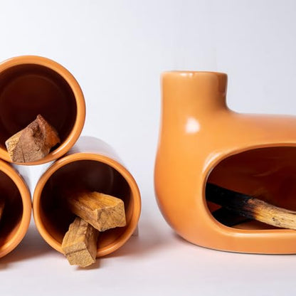 MOUGIGI Palo Santo Holder Set with 3 Matchstick Holders - Modern Handcrafted Ceramic Incense Burner with Chiminea, Perfect for Meditation - Smudge Bowl for Palo Santo Sticks, Sage, and Cones. - color: Palo Santo Holder Set - 3 Matchstick Holders