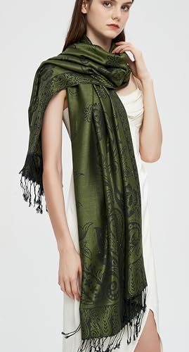 Pashmina Shawl Wrap with Ethnic Paisley Two Tone Jacquard Scarf for Women - color: Paisley-green