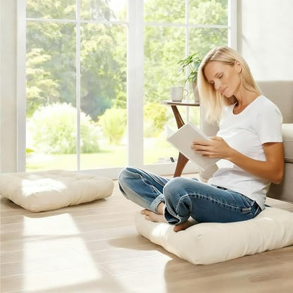Meditation Floor Pillow Set of 2, Square Large Pillows Seating for Adults, Tufted Corduroy Cushion for Tatami Living Room, 22x22 Inch FP-Beige