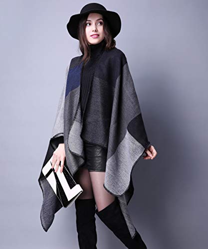 Women's Shawls and Wraps Open Front Poncho Cape Winter Sweater - color: A4-black