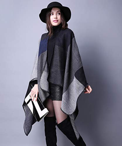Women's Shawls and Wraps Open Front Poncho Cape Winter Sweater - color: A4-black