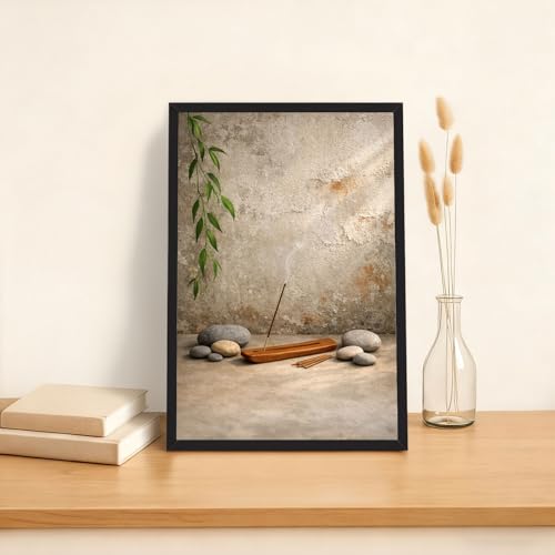 Framed Zen Incense and Stones Poster Canvas Print Art Rustic Minimalist Aesthetic Wall Art Painting Pictures Wall Decor Elegant Home Decor for Living Room Bedroom Office Decoration (Black framed,16L"X24W")