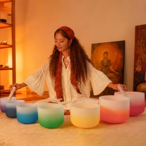 RYAN DVAN 432hz 6-12 Inch Set of 7 Pcs Gradient Design Quartz Crystal Singing Bowl Chakra Set Sound Therapy for Yoga, Reiki, Chakra Healing Energy Tuning & Mindfulness Kit