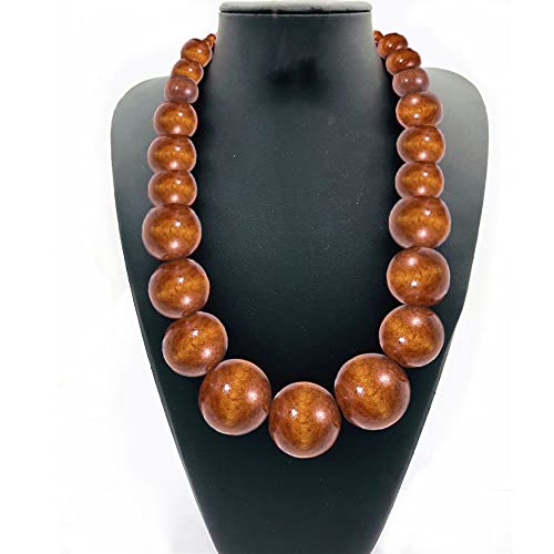 COLORFUL BLING Ethnic Natural Wood Beads Necklace for Men Women Africa Wooden Chain Chunky Strand Necklace Statement Hip Hop Jewelry - color: brown
