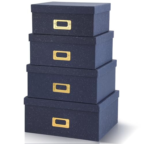 Set of 4 Decorative Storage Boxes with Lids, Kraft Paper Boxes with Gold Label Holders, Decorative Photo Memory Keepsakes Storage, Cardboard Organizers for Home Decor, Office Organizing(Blue) - color: Blue