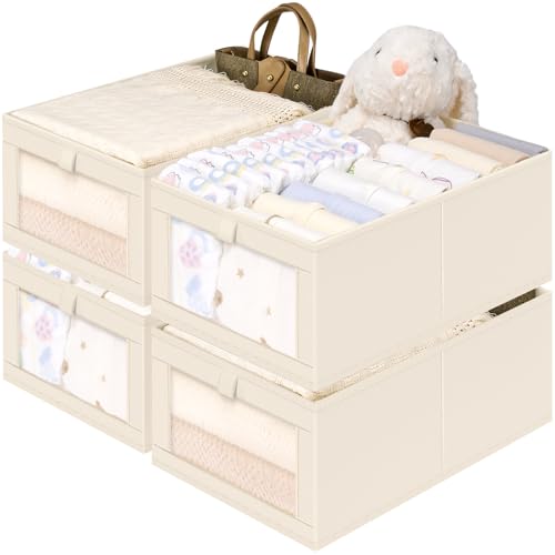 Closet Organizers and Storage, 4 Pack Linen Closet Baskets with Mesh Window for Organization, Foldable Closet Organizer for Clothing, Towels, Toys, Nursery, Books, Shelves, Beige - color: Beige, size: 4 Pack