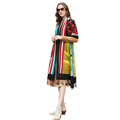 100% Merino Wool Pashmina Shawl for Women 96"x43", Oversized Cashmere Wrap with Tassels, Floral Travel Blanket Cape - color: Color Stripe Botanical Blend