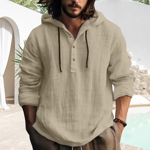 Mens Pullover Hoodie Linen Long Sleeve 4 Button Drawstring Causal Loose Lightweight Summer Beach Top - color: 3-khaki, size: XX-Large