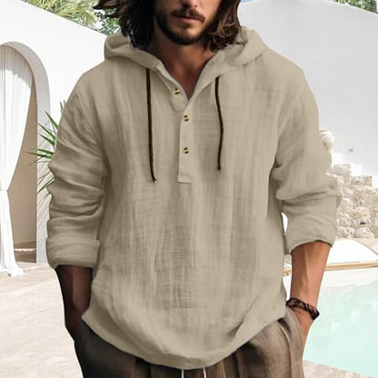 Mens Pullover Hoodie Linen Long Sleeve 4 Button Drawstring Causal Loose Lightweight Summer Beach Top - color: 3-khaki, size: XX-Large