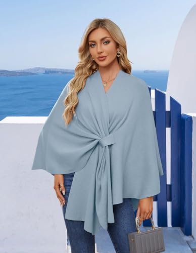 PULI Women's Elegant Shawl Wraps Soft Open Front Poncho Sweater for Spring Fall Winter - color: Front Tab-blue