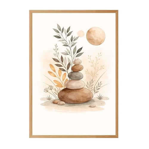 Framed Zen Stones and Botanical Abstract Canvas Print Minimalist Aesthetic Wall Art Poster Painting for Bedroom Living Room Home Decor Wall Decoration Wall Decor (24L x36W,Wooden Framed) - size: 24L"x36W"