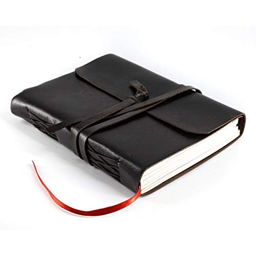KomalC Handmade Leather Journal | Writing Notebook Diary | Bound Daily Notepad For Men & Women Unlined Paper Medium, writing pad for artist, sketch - color: Plain Black, size: 7 x 5