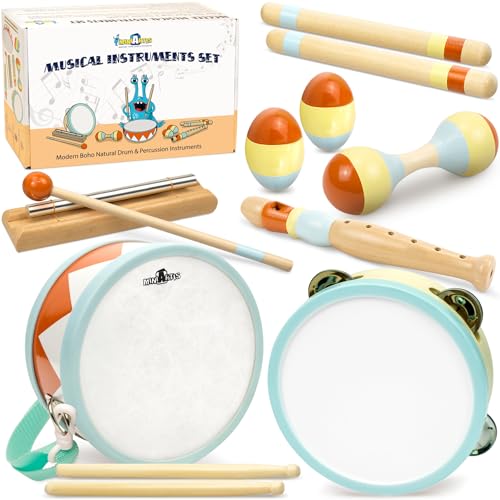 Toddler Musical Instruments - Montessori Wooden Musical Toys for Toddlers 1-3 | Modern Boho Baby Drum Set with Neutral Colors Percussion Instruments | Kids Preschool Educational - style: Drum