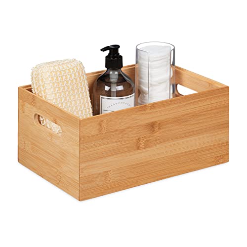 Relaxdays Storage Box, Stackable, Handles, H x W x D: 14 x 30 x 20 cm, Bamboo, Natural