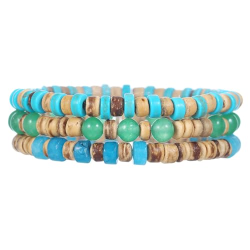 Puka Shell Bracelet for Men Wooden Bracelets Turquoise Stack Beaded Minimalist Trendy Jewelry for Friend Gift - style: 3pcs-Turquoise