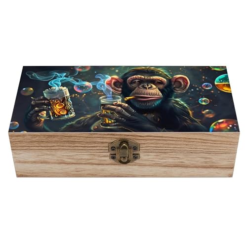 Smoke Bubble Monkey Vintage Wooden Storage Box with Hinged Lid – Rustic Natural Wood Keepsake Box for Jewelry, Trinkets, And Photos – Decorative Small Chest Organizer (7.9" X 3.9" X 2.3") - color: black-8