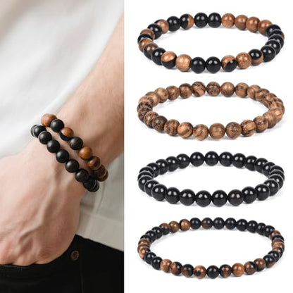 4PCS Wooden Mens Bracelet Beads,Small Beaded Bracelets For Men And Women Kit,8mm & 6mm Black Wood Beads,Natural Multi-Colored Bead