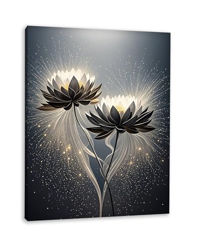 ketilly Black Lotus Canvas Print- Mystic Zen Wall Art with Gold Dust Effect, Modern Abstract Painting, Celestial Artwork for Living Room, Bedroom, Meditation Space 12''x15''