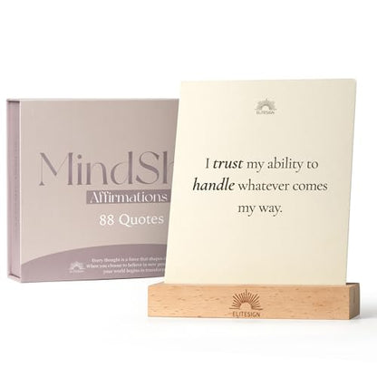 Positive Affirmation Cards with Wooden Display Stand, 88 Mindful Quotes for Daily Reflection, 720 GSM Inspirational Cardstock, Personal Growth & Office, Home Decor Gift for Men & Women