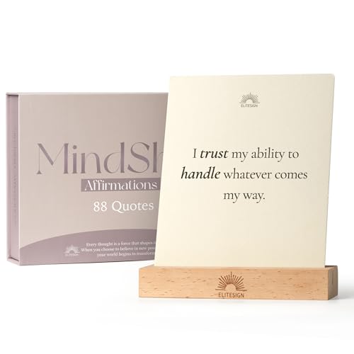 Positive Affirmation Cards with Wooden Display Stand, 88 Mindful Quotes for Daily Reflection, 720 GSM Inspirational Cardstock, Personal Growth & Office, Home Decor Gift for Men & Women