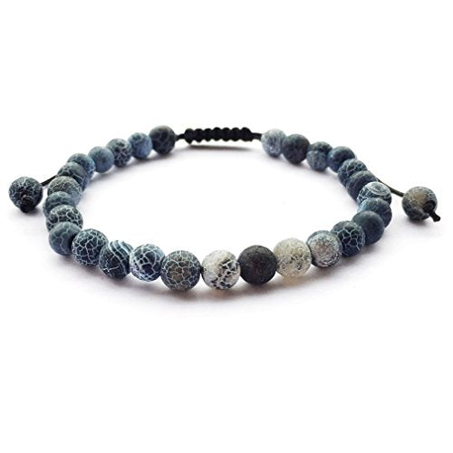 DOLON 6mm Round Stone Bead Braided Bracelet - color: Black Frosted Weathered Agate Bracelet