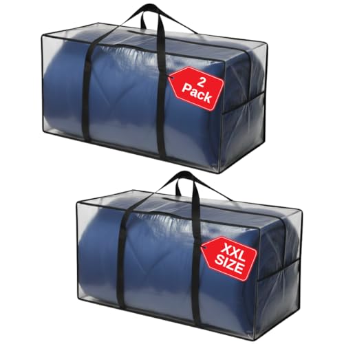 68.5 GAL 2 Pack XXL Jumbo Extra Large Heavy Duty Stronger Handles Storage Bags Moving Totes Zippered Reusable Wrap Around Handle Storage Totes (Translucent/Semi-Transparent)