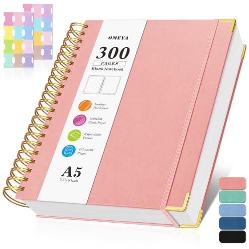 Blank Spiral Notebook: Leather Sketch Book, 300 Pages Hardcover Unlined Notebook for Women Men,100GSM Thick No Bleed Paper Journal, A5 Small Art Sketchbook for Drawing Writing Work, 5.5" x 8", Pink - color: Pink, size: A5