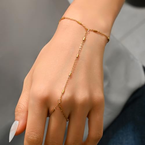 18K Gold Plated Hand Chain Bracelets for Women, Dainty Cubic Zirconia, Heart, Beads, Bamboo Link Charm Bracelet, Trendy Adjustable Finger Ring Bracelet, Hand Chain Jewelry, Christmas Gifts - style: Cylinder Hand Chain