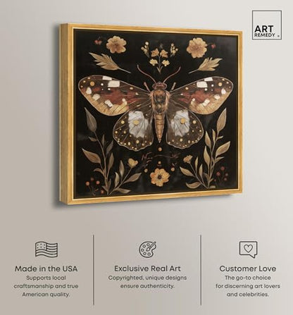 Moth and Moonflowers Canvas Folk Art Prints, Gold Frame, 20" x 20" - color: Gold Frame, size: 21"L x 21"W