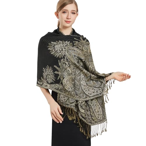 Silky Paisley Pashmina Shawl Scarf-Women's Soft Double-side Jacquard Pashminas Wrap for Evening Dress Travel Shawl - color: C-black Phoenix Tail Flower