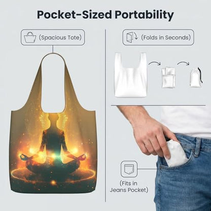 Yoga Meditation (4) For Foldable Shopping Bag, Washable Storage Tote For Work And Travel