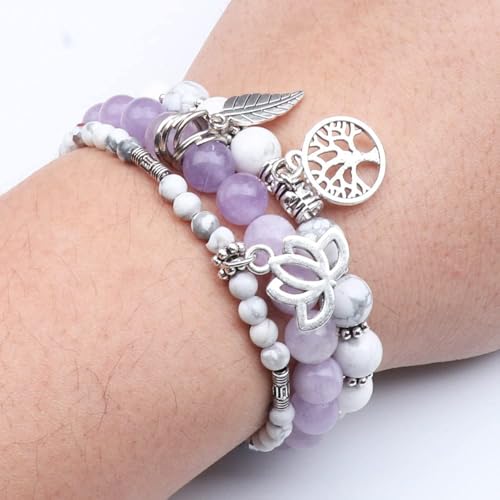 Tree of Life Yoga Healing Stone Bracelets,Multilayer Lotus Chakra Stone Reiki Bracelet Sets,Anxiety Crystal Natural Stone,for Women Stress Relief - style: White turquoise+Purple Jade