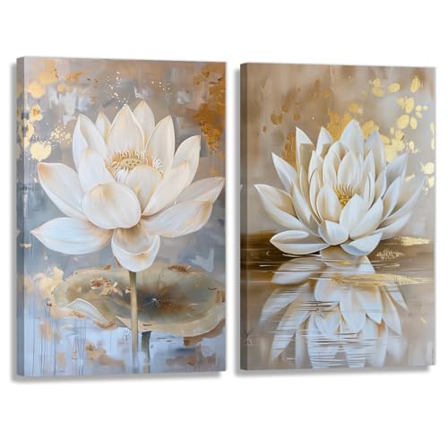 KPLUNDO Zen Wall Art 2 Piece White Lotus Blooming Painting Artwork White Gold Lotus Flower Poster Artwork for Bedroom Living Room Bathroom Yoga Spa Room Decor(Artwork-3,24"x36"x2pcs) - color: Artwork-3, size: 24"x36"x2pcs