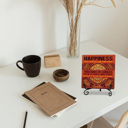 Buddha Happiness Quote Desk Decor, Funny Office Inspirational Gifts for Family Friends, Meditation Room Tabletop Decor, Zen Home Office Wooden Plaque Sign with Stand (J03) - style: Happiness
