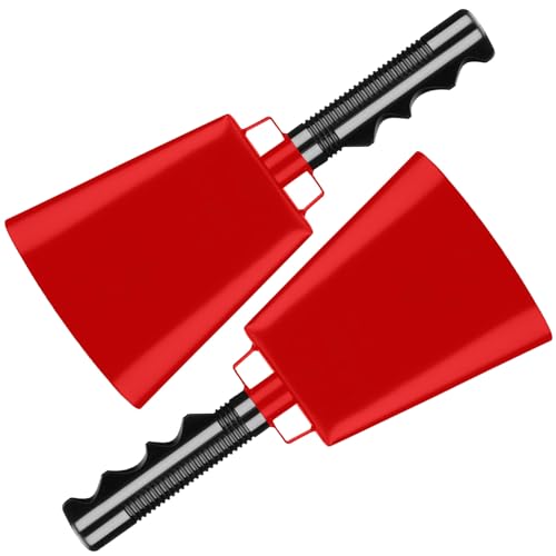 Deke Home - 2 Pack 10 Inch Steel Cowbells with Handle, Loud Noise Makers for Football, Sports, Parties, Competitions, School Spirit & Safety, Large Hand Bell for Cheering & Percussion Instrument - color: Red, size: 10 Inch