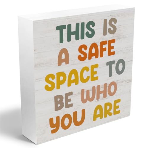 This is a Safe Space to Be Who You are Wood Box Sign Desk Decor, Boho Classroom Decor, Inspirational Wooden Block Box Sign Decoration Signs For Classroom Therapy Office Wall Shelf Table Decorations - color: Safe space