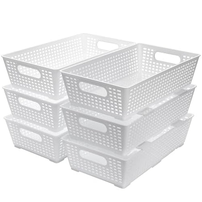 Tiawudi Stackable Woven Plastic Basket, Storage Bins for Cabinet, Closet, Shelf, Under Sink and Countertop, Pantry Organizer Bins, 6 Pack - color: White