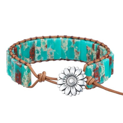 Women Boho Handmade Natural Stone Crystal Leather Bead Wrap Bracelets Collection - style: Blue Agalmatolite 1W