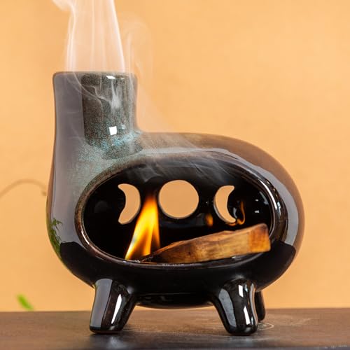 MOUGIGI Handcrafted Ceramic Palo Santo Holder Burner with Green Glaze - Modern Footed Pottery Incense Chimney Dish - Great for Meditation - Wood Sticks, Sage, Ash Catcher Bowl, Cone Compatible. - color: Glazed Ceramics -Footed Black and Green