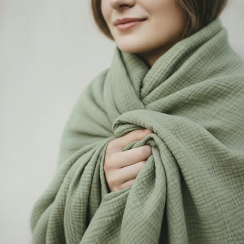 4-Layer Muslin Cotton Throw Blanket (50 x 60 inches) – Ultra Soft Breathable Gauze Throw, Lightweight All-Season Couch & Sofa Blanket, Cozy Neutral Home Decor, Machine Washable – Green - color: Green, size: Throw (50 x 60 inches)