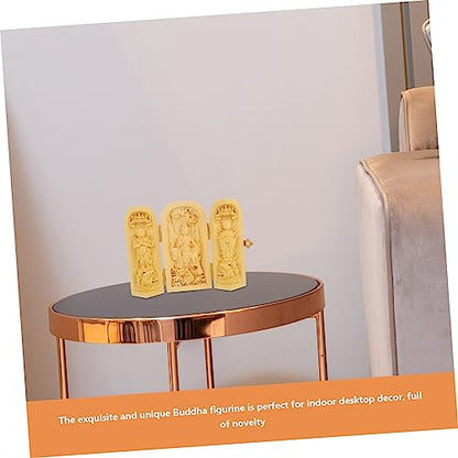 Happyyami Wood Buddha Statue Figurine Handcrafted Huangyang Wood 3-Compartment Box Home Decor for Meditation and Zen Spaces