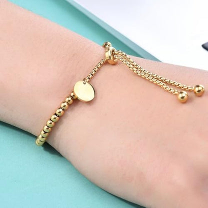 925 Sterling Silver 18K Gold Plated Minimalist Round Pendant Adjustable Bead Bracelet, Simple Geometric Couple Bracelet(Gold) - color: Gold