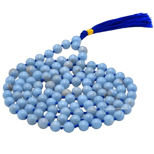 Amazing Gemstone Japa Mala 108 Prayer Beads Necklace and Wrist Mala Bracelet for Meditation - color: Angelite, size: Hand Knotted