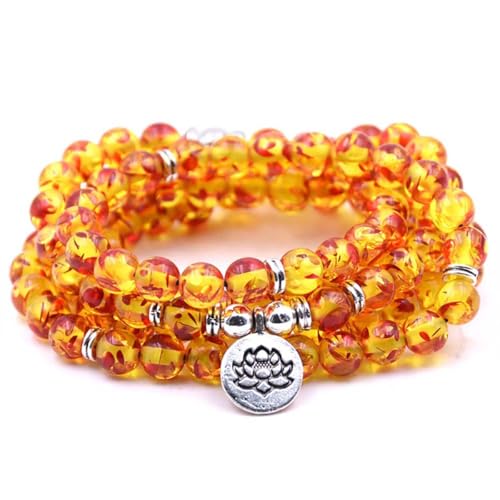 108 Mala Beads Bracelet Necklace - Gemstone Prayer Beads with Lotus Charm for Meditation & Yoga - style: Imitation Resin Amber