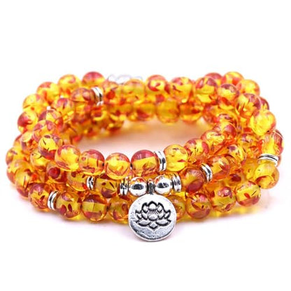 108 Mala Beads Bracelet Necklace - Gemstone Prayer Beads with Lotus Charm for Meditation & Yoga - style: Imitation Resin Amber