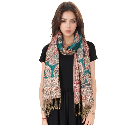 MUQU Women Pashmina Shawls and Wraps Scarf Soft Silky Reversible Paisley Scarves Shawl for Women - color: Green-b2