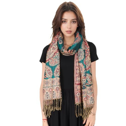 MUQU Women Pashmina Shawls and Wraps Scarf Soft Silky Reversible Paisley Scarves Shawl for Women - color: Green-b2