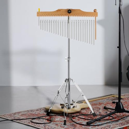EASTROCK 25 Note Chimes Musical Instruments Percussion Instrument Single-row Chime Bar Chimes Percussion Height-Adjustable Stand Silver - color: 25note Silver