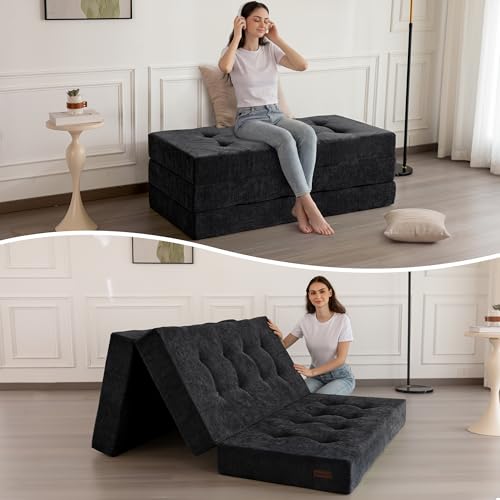 MAXYOYO 6" Folding Sofa Bed for Floor, Tufted Tri-Fold Floor Couch Bed with Chenille Fabric, Twin Size Portable Sofa Couch Guest Mat for Adults, Foldable Topper for Camping, Black, 35.4"x75" - color: Black, size: Twin